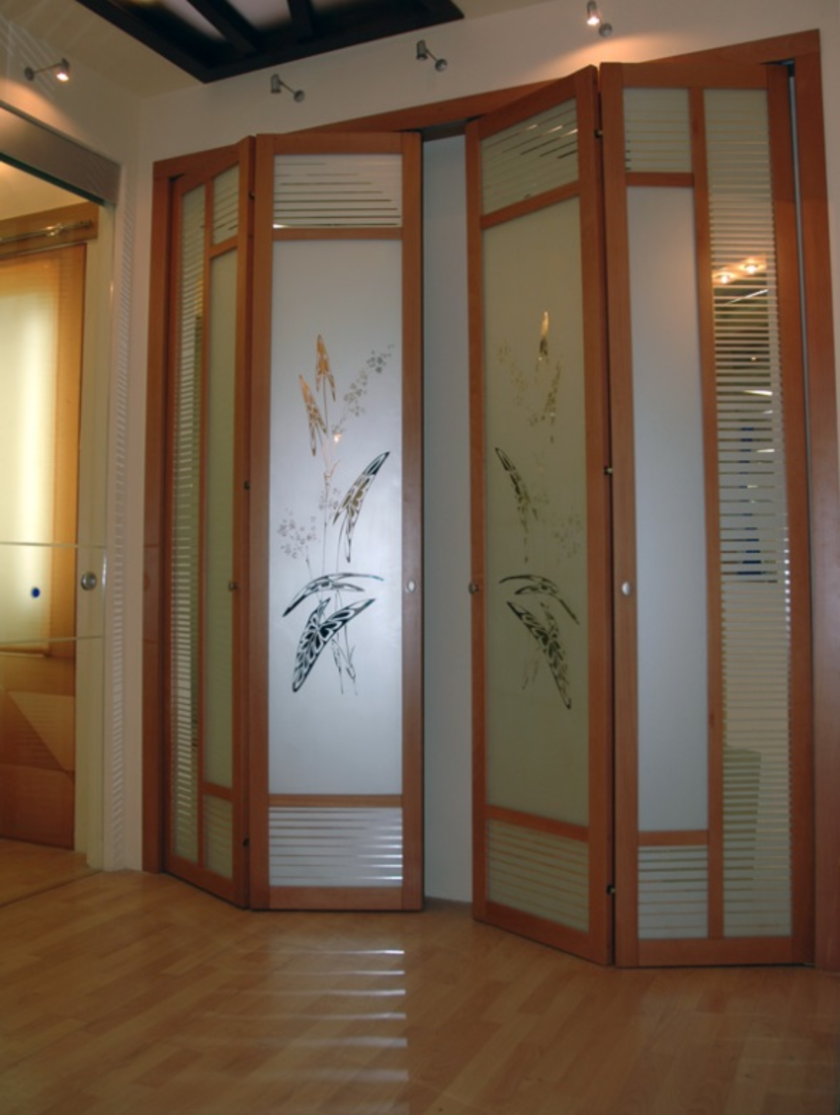 Широкие двери гармошка с матовым стеклом и рисунком Чита